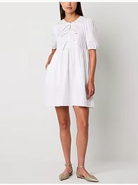 Poplin Bow Short-Sleeve Minidress White Short Sleeve Babydoll Dress - Classic